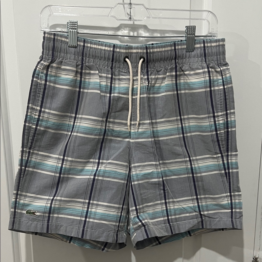 Lacoste Gray Navy and Light Blue Plaid Swim Shorts Size Small